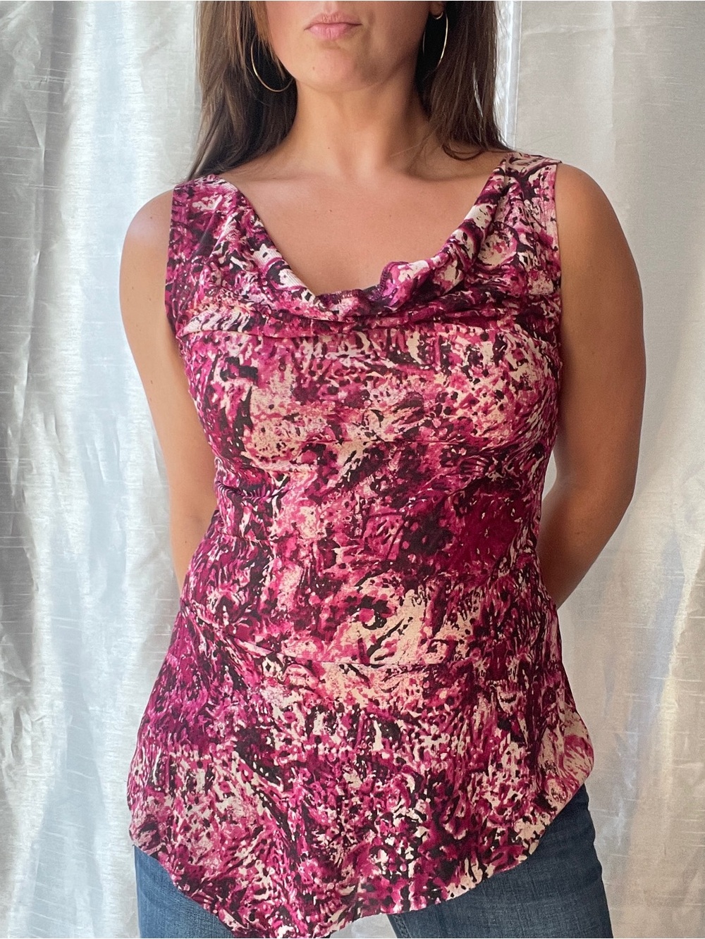 Nine West Cowl Neck Top Womens Medium Pink Abstract Print Boho Fairycore 90s
